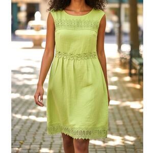Salkim Lime Green 100% Linen Lace Trim Sheath Dress EU 40 US 8/10